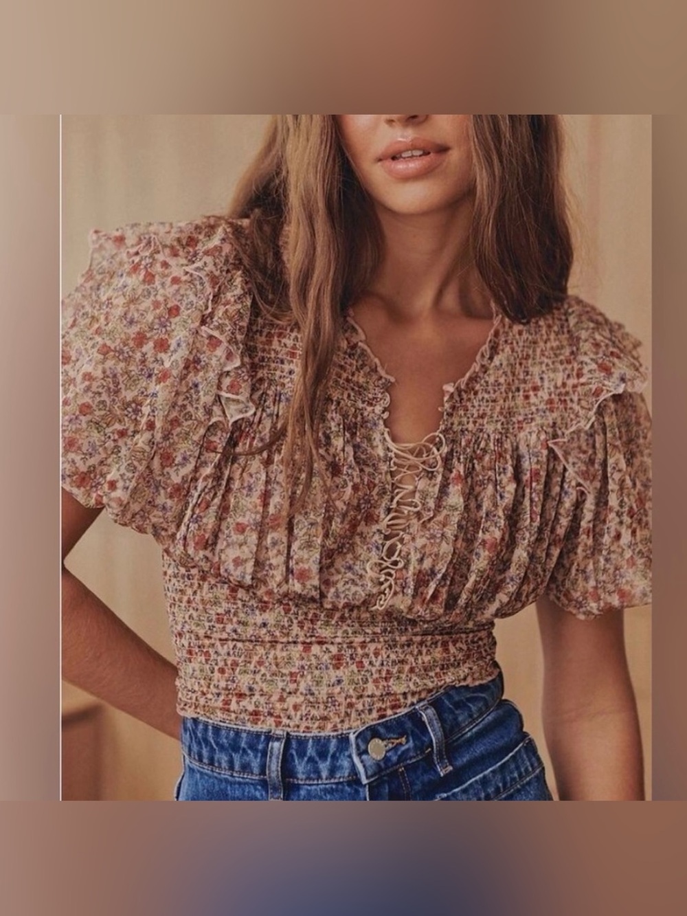 Free People Beatrice Floral Smocked Ruffle Puff Sleeve Semi Sheer Top XS